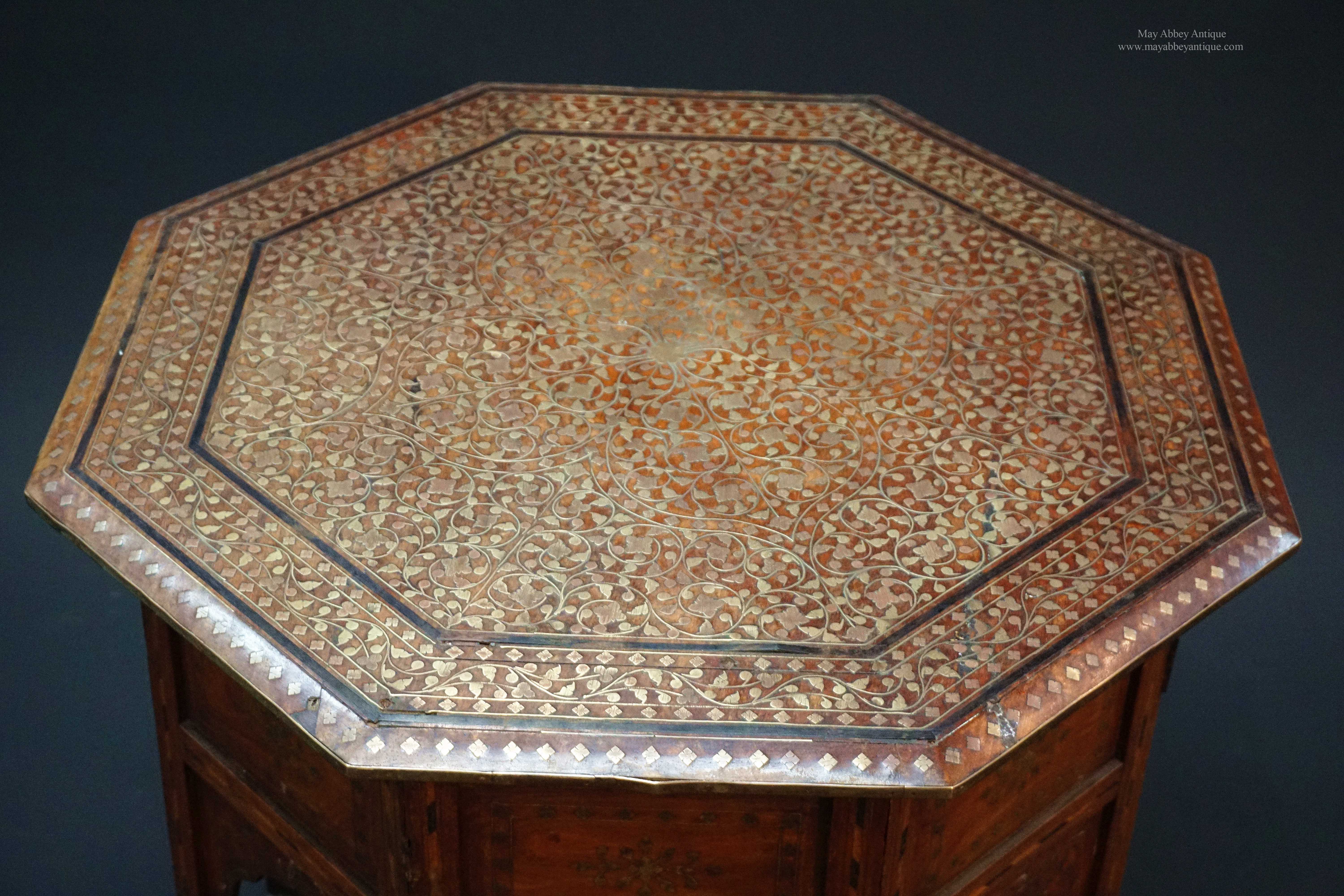 五月庄园西洋古董1880年印度出品黄铜镶嵌柚木八角形边桌（TA00017）-五 