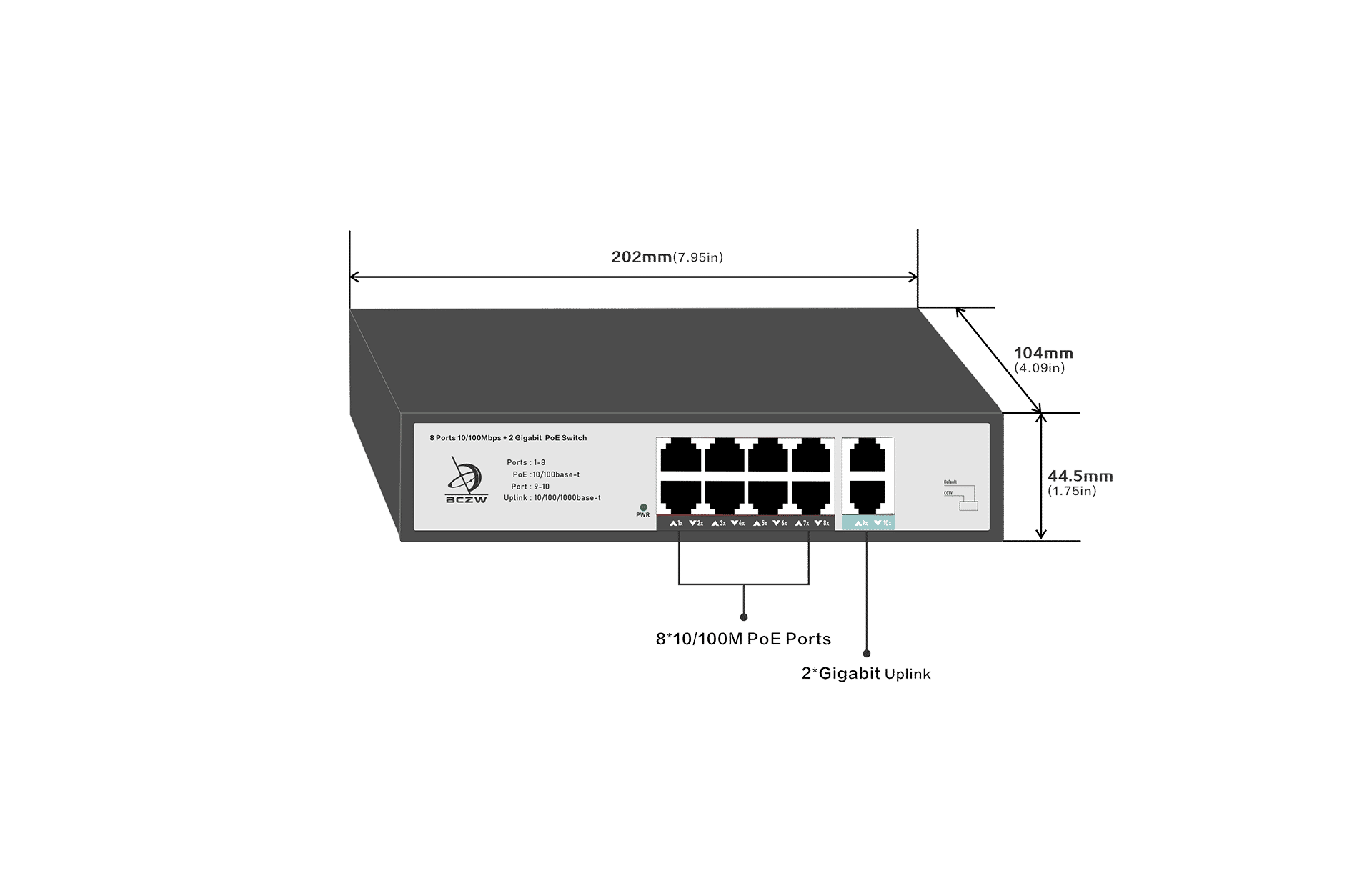 8 Port PoE Switch with 2 Gigabit RJ45 Uplink Size