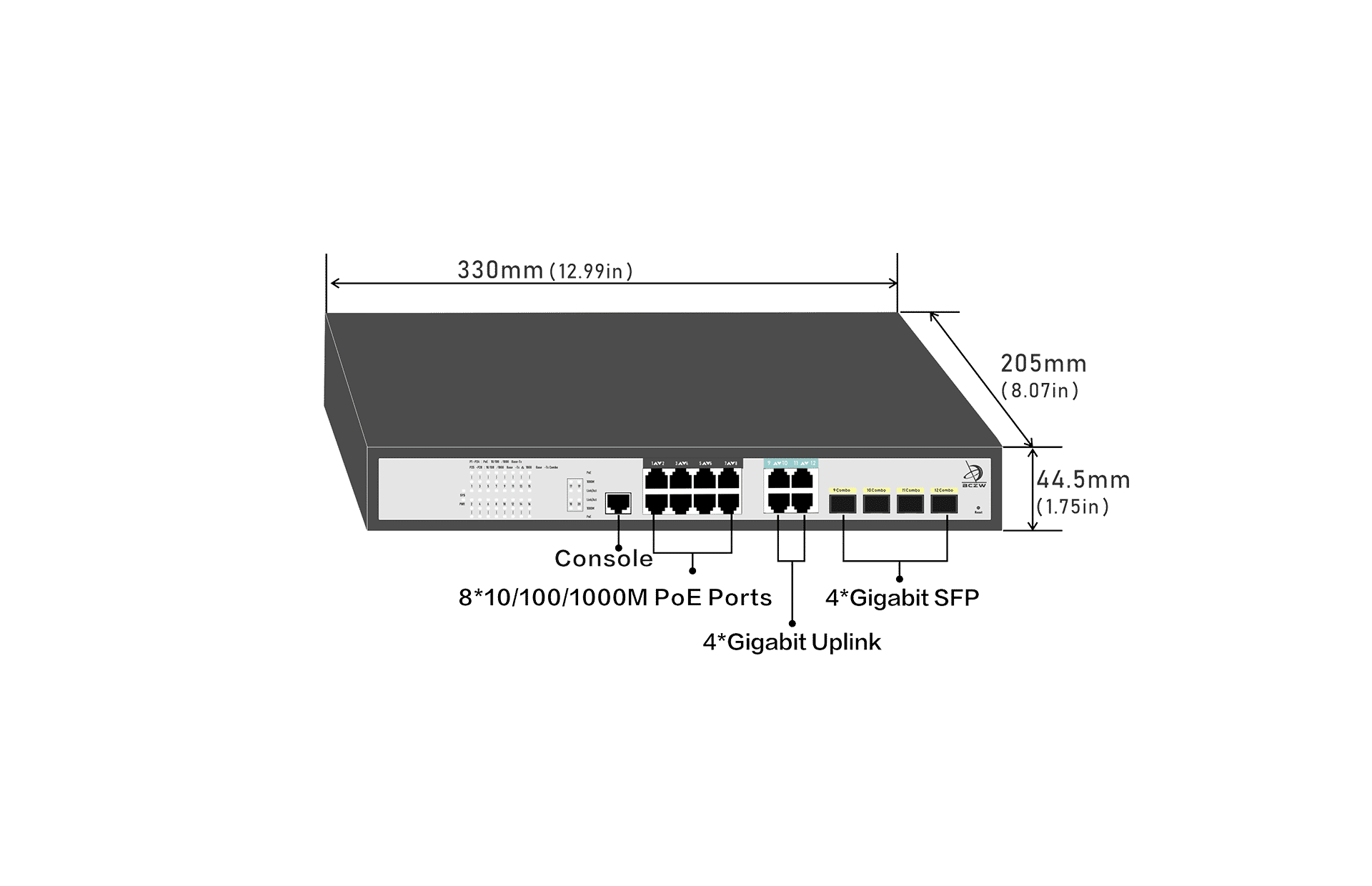 8 Ports 10/100/1000Mbps Managed PoE Switch with 4 Gigabit Combo  size