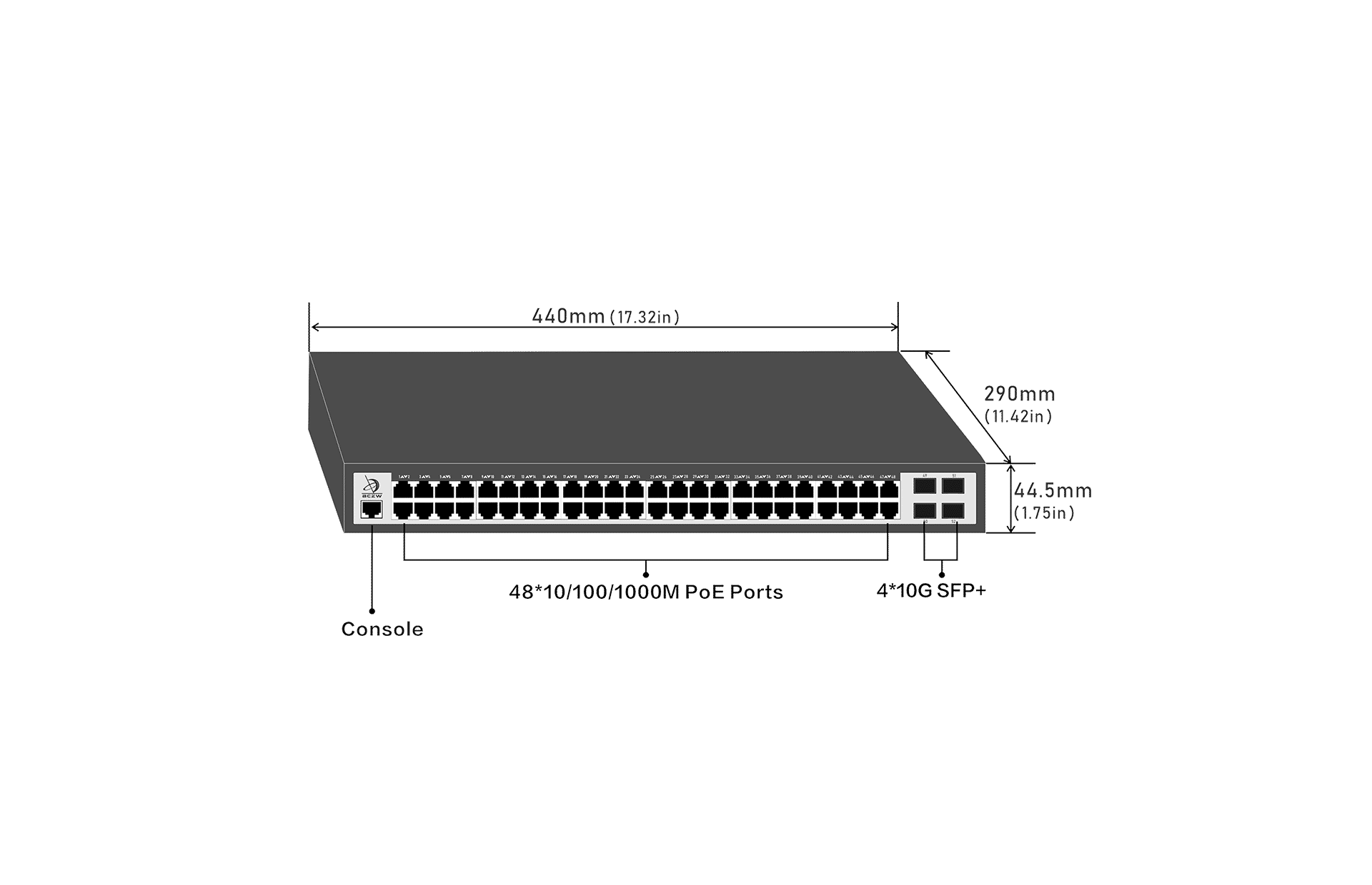 48 Ports 10/100/1000Mbps Managed PoE Switch with 4 Ports 10G SFP+ size