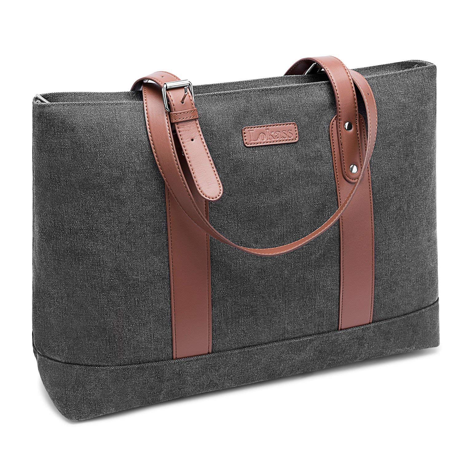 Dark Grey LOKASS 15.6 Inches Laptop Tote Bag Lightweight Canvas Briefcase Shoulder Bag Classic Casual Office Handbag for Woman