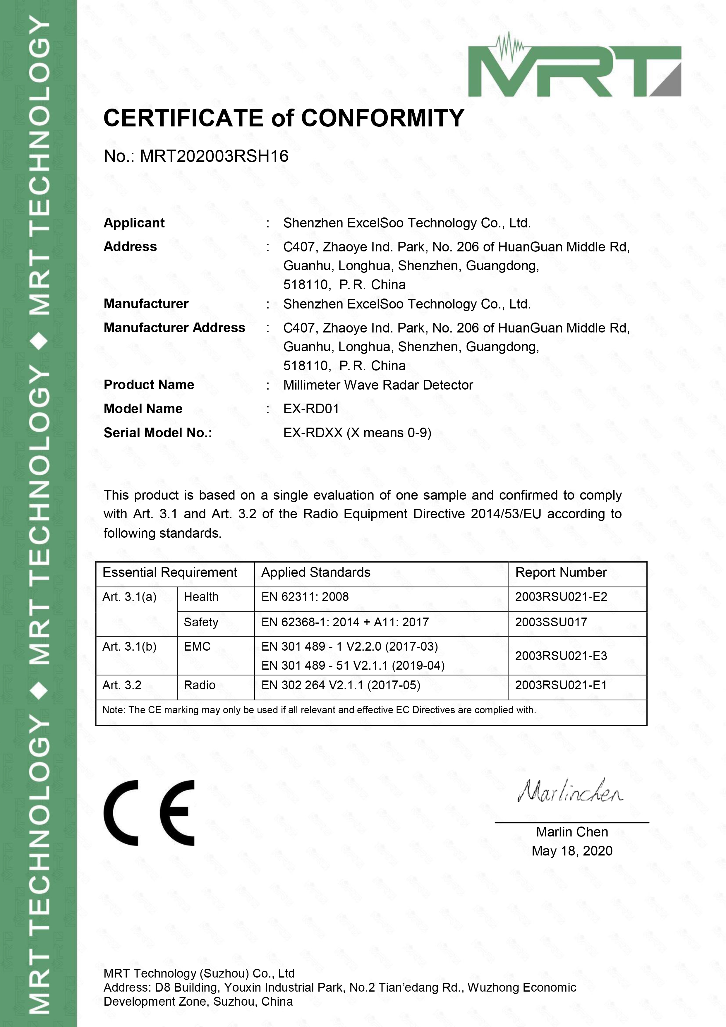CE Certificate of the Excelsoo Radar Detector