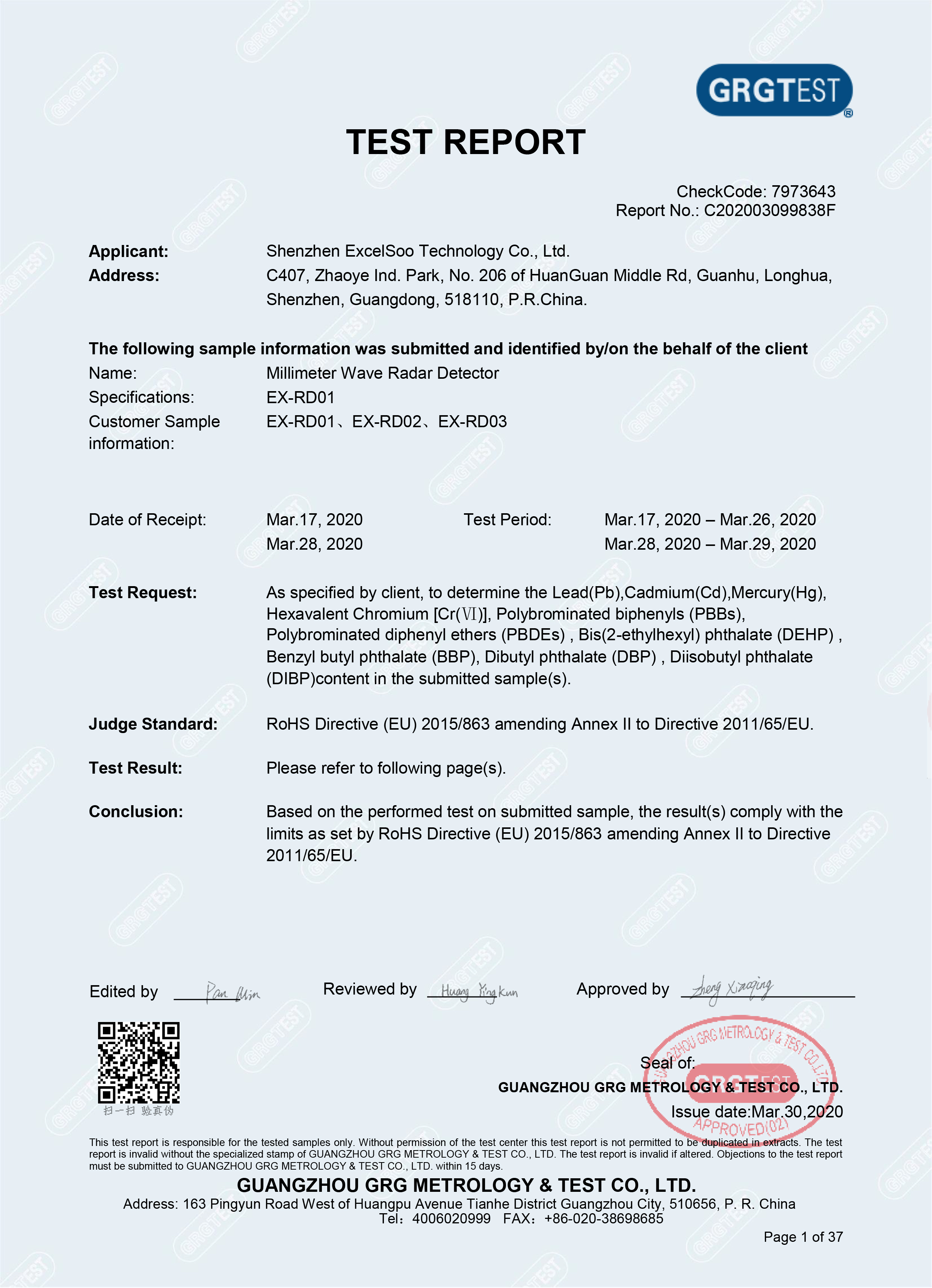 RoHS Certificate of the Excelsoo Radar Detector