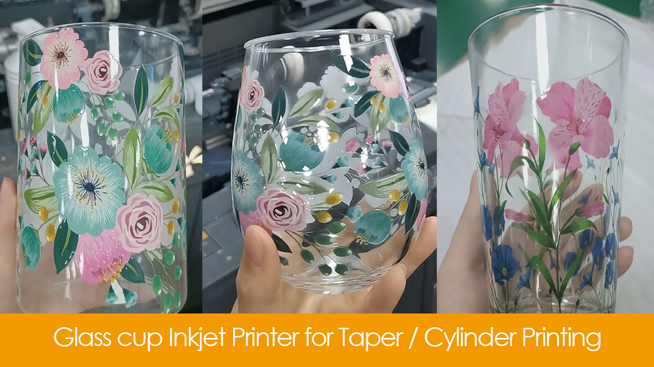 Mirror print is a design technique for transparent vessels. Traditionally, UV printing on clear drinkware would result in a colorful print on the outside, but white on the inside. Mirror print allows the operator to print the same image in reverse to show the colorful artwork from the inside of the vessel and the outside.
