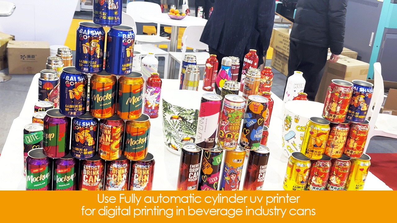 UV cylinder printer is capable of printing full-color (CMYK+W+V) graphics on a variety of vessels and substrates such as stainless-steel tumblers, plastic water bottles, can, glassware and more.