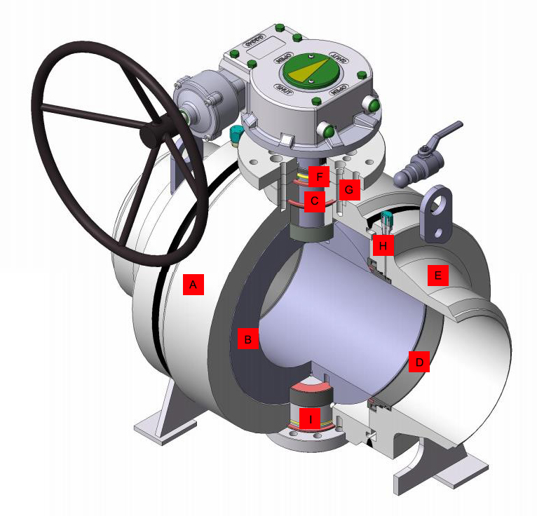 Cross-sectional diagram of fully welded ball valve with gear 12in 150lb with butt welded end