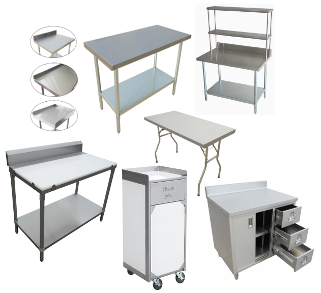 table, equipment stand,trash can,dish cabinet,polyboard table,overshelf,folding work table