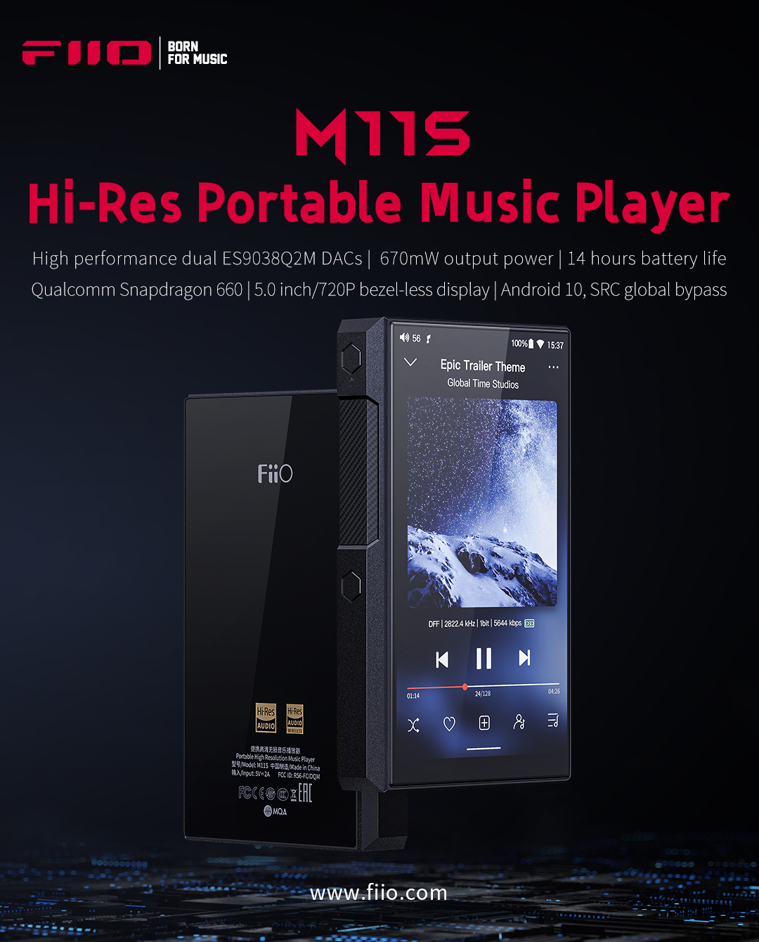 FiiO M11Plus Portable Android MP3/MP4 Player - High Resolution Audio,  Bluetooth 5.0, DSD Lossless, 1000hrs Standby - For Home/Car Audio