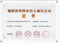 福建省科技小巨人领军企业证书2016.6-2020-12.31