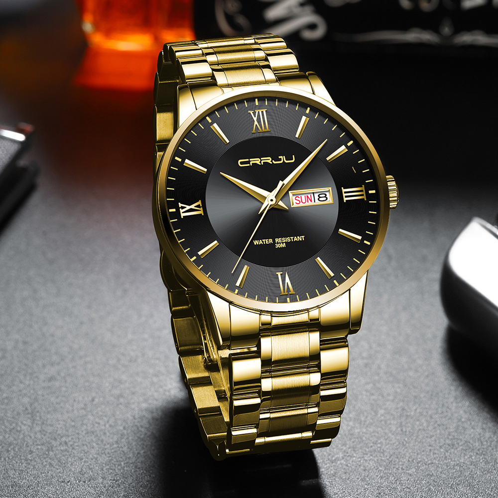 CRRJU Men Luxury Military Sport Wrist Watch Man Gold Quartz Steel ...