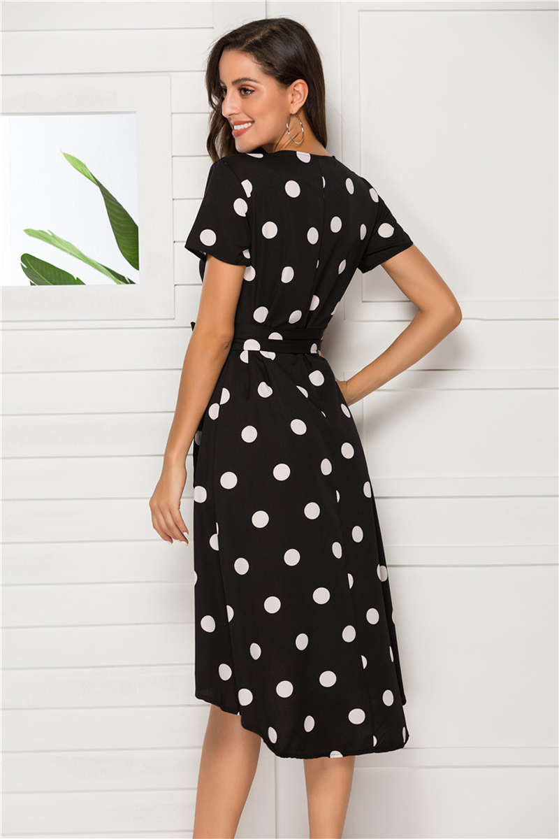 Black And White Polka Dot Wrap Dress-YNCLOTHING CN