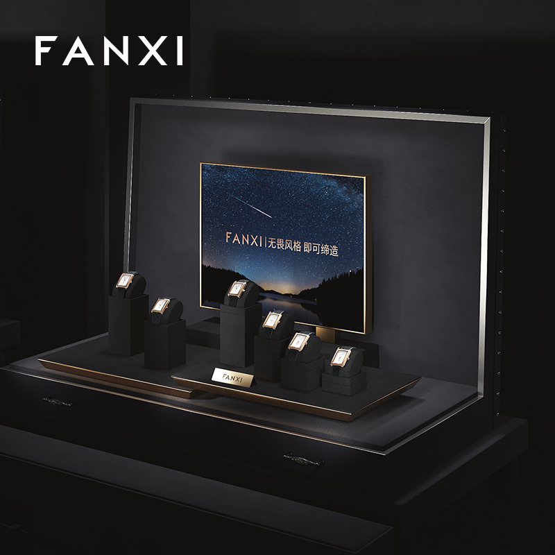 TT278-FANXIluxuryfashionblackmicrofiberwatchdisplaystandwithmetalstructure-4