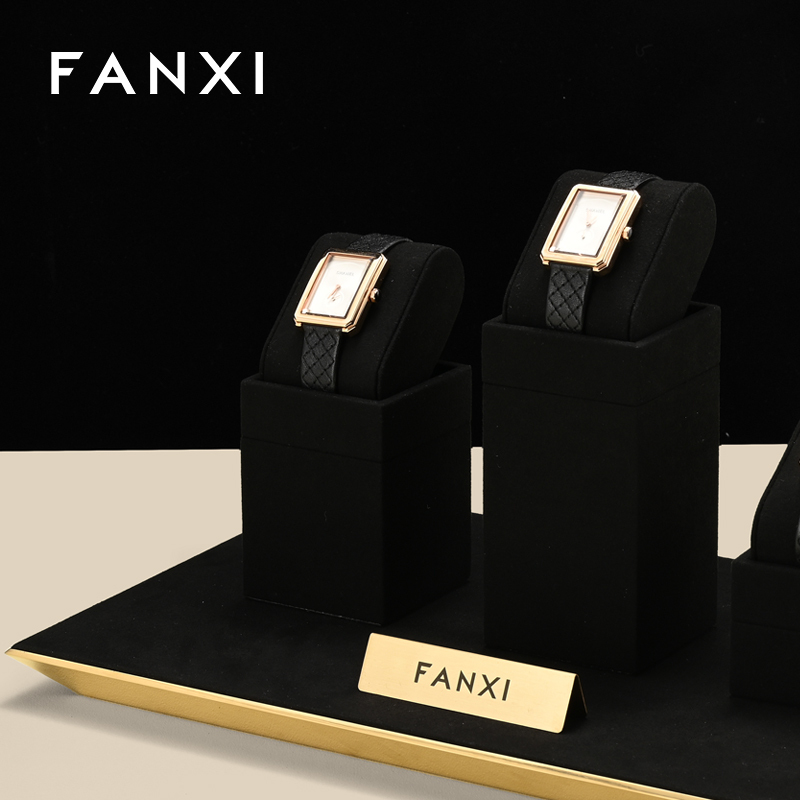 TT278-FANXIluxuryfashionblackmicrofiberwatchdisplaystandwithmetalstructure-5