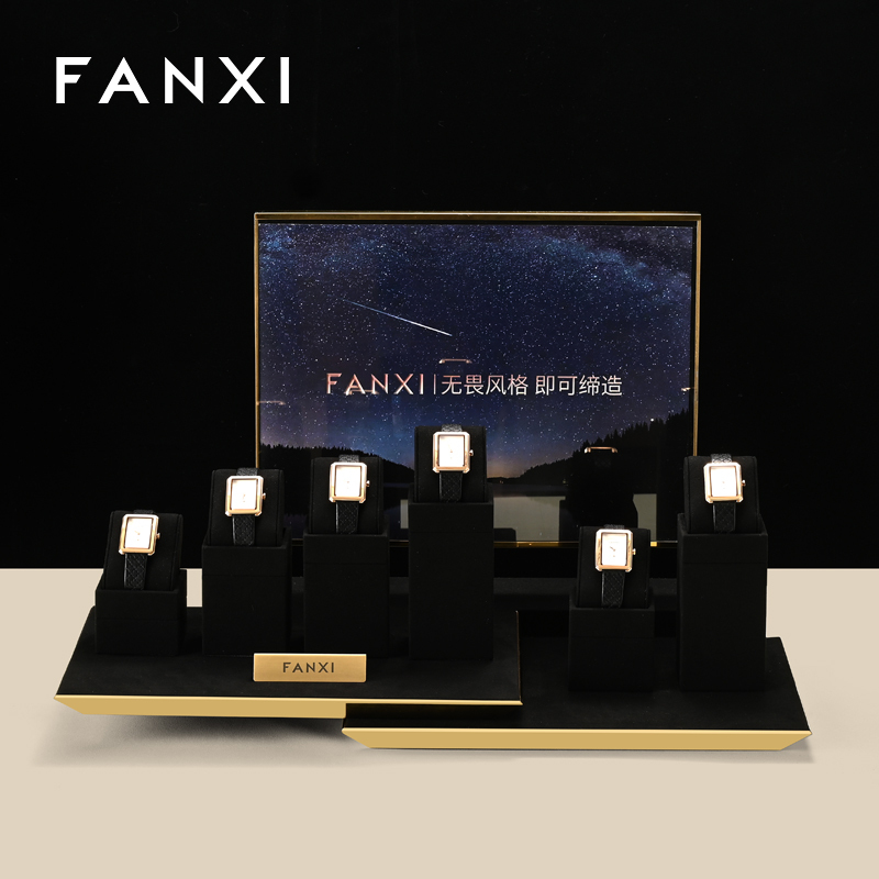 TT278-FANXIluxuryfashionblackmicrofiberwatchdisplaystandwithmetalstructure