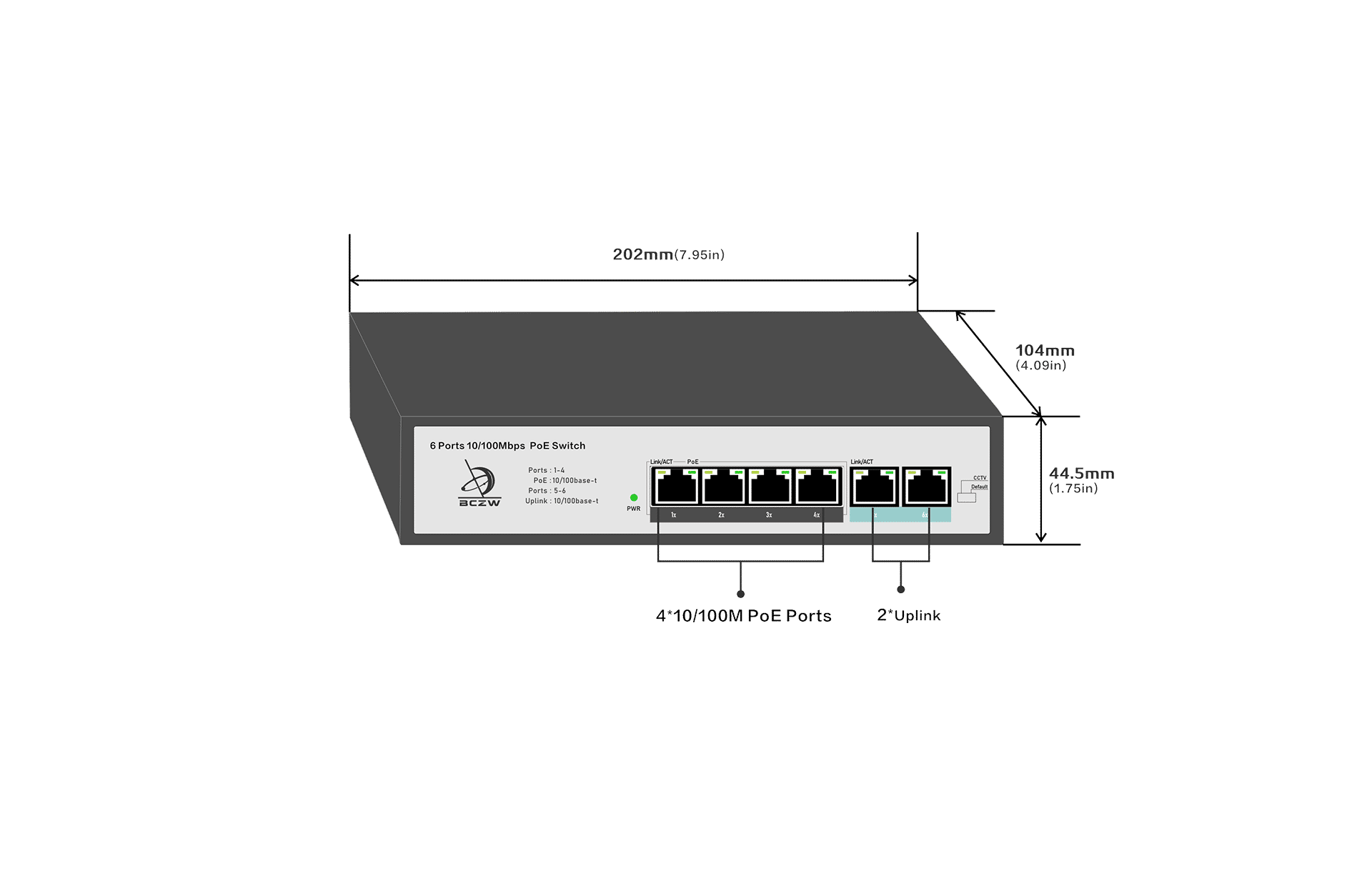 4 Ports 10/100Mbps PoE Switch with 2 RJ45 Uplink-Size
