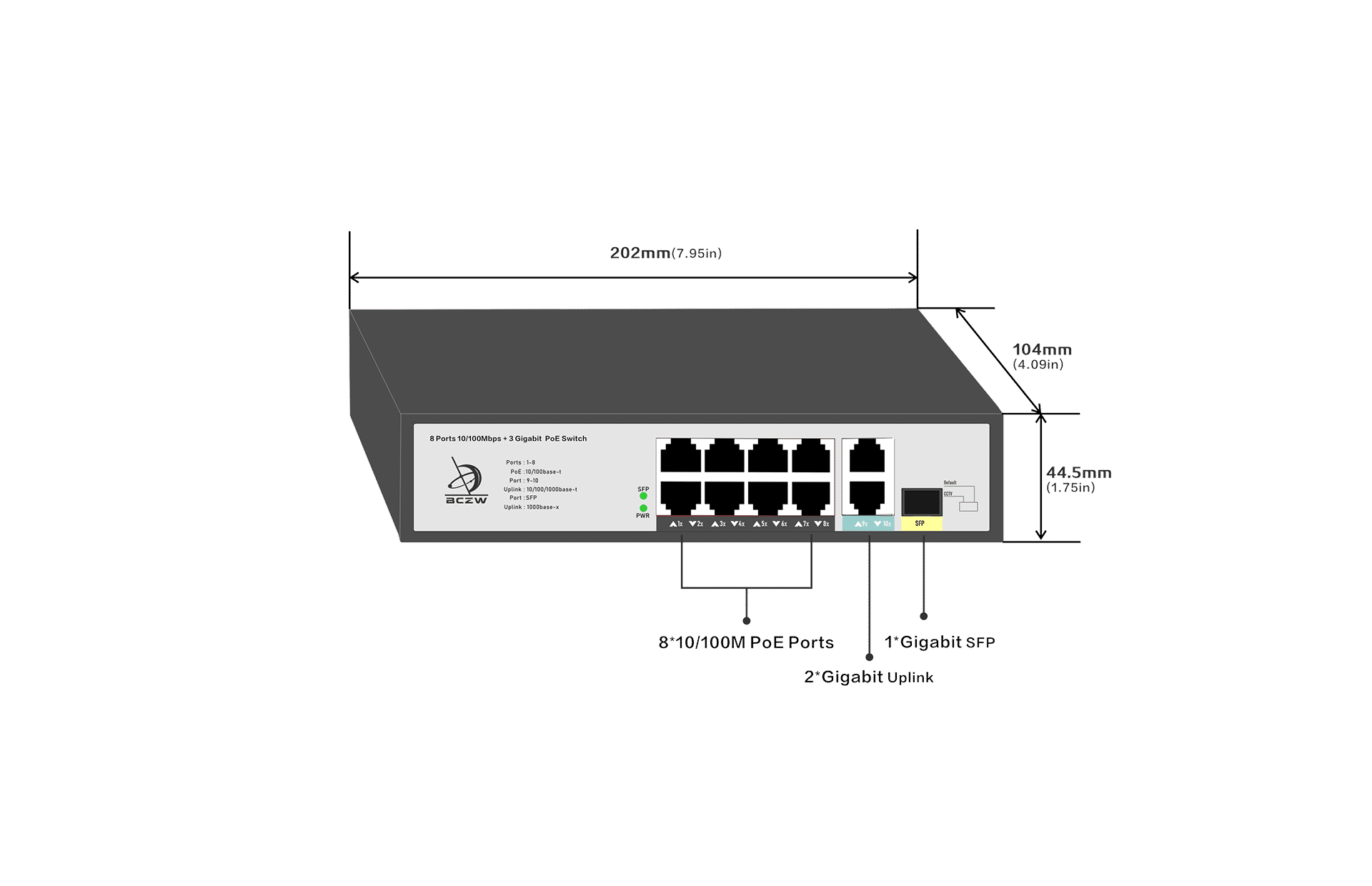8 Ports 10/100Mbps PoE Switch with 2 Gigabit RJ45 and 1 SFP Uplink size