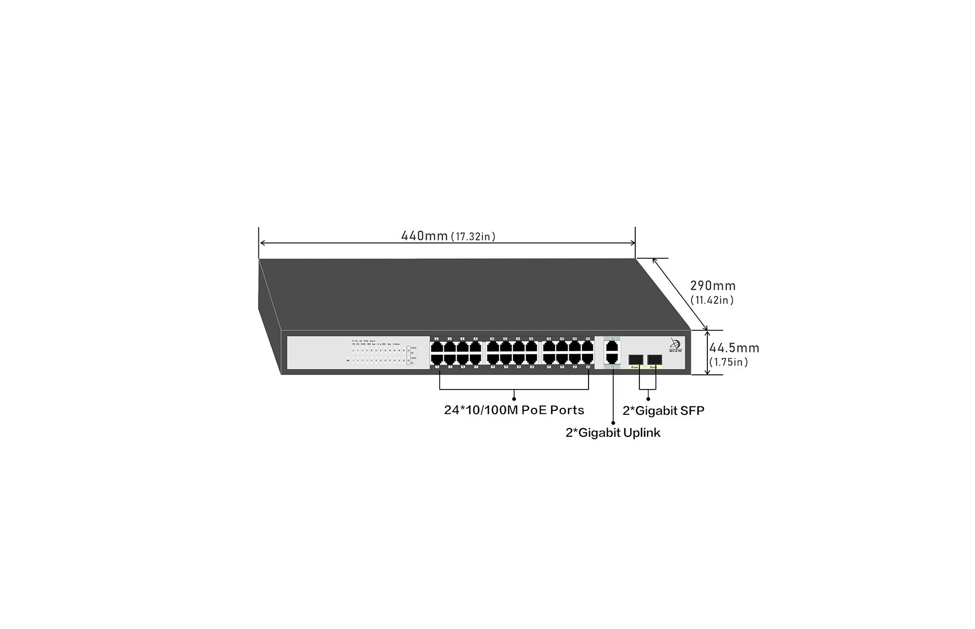 24 Ports 10/100Mbps PoE Switch with 2 Gigabit Combo Uplink size