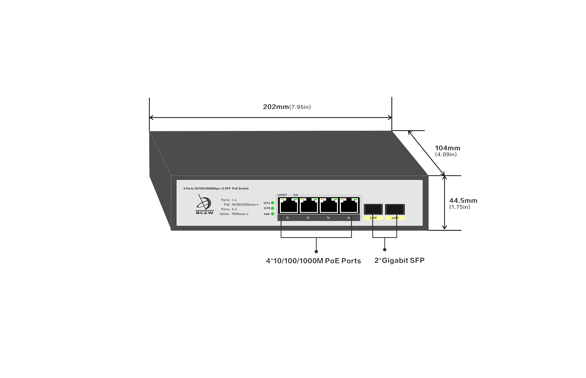4 Ports 10/100/1000Mbps PoE Switch with 2 SFP Uplink size