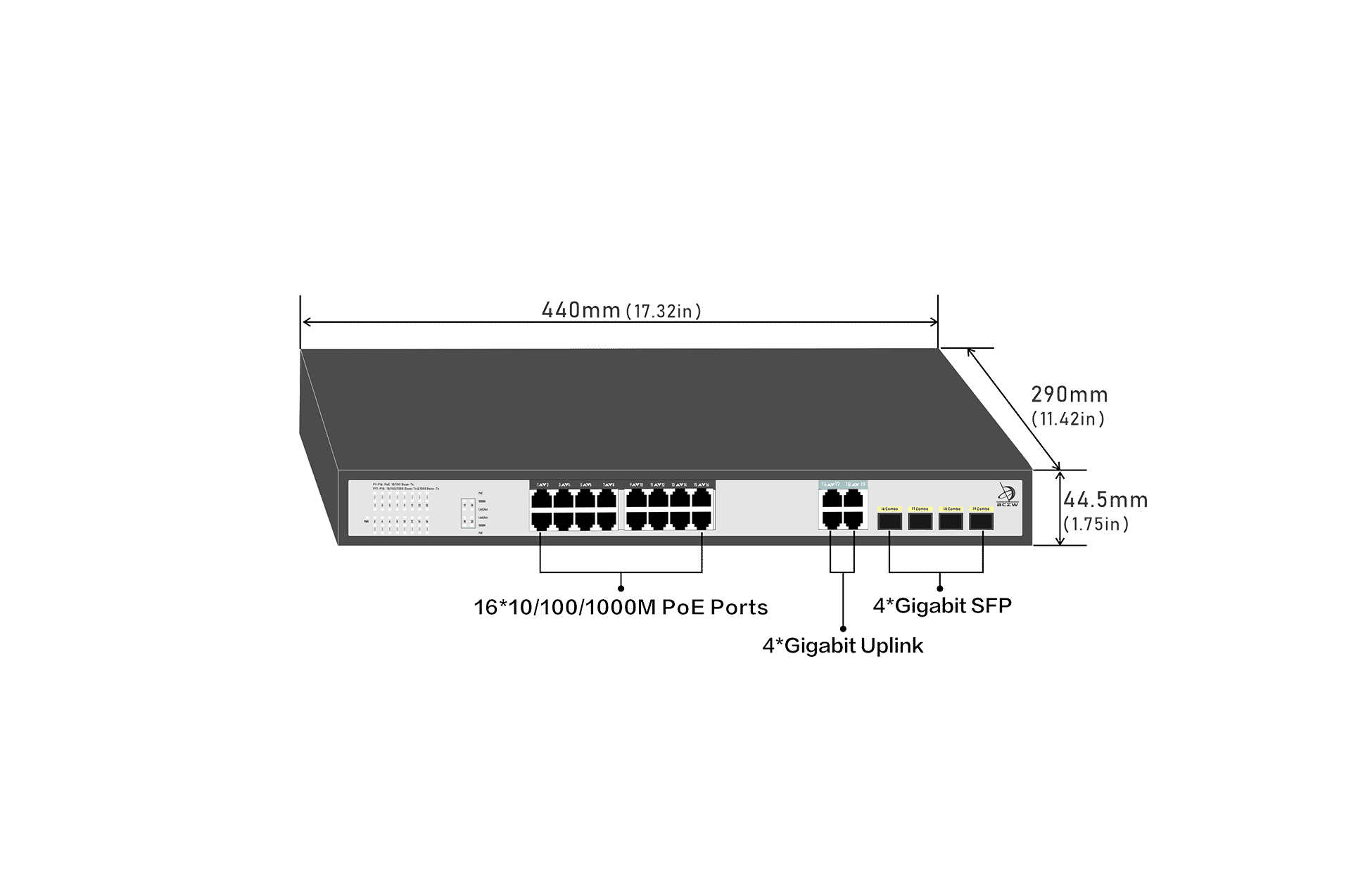 16 Ports 10/100/1000Mbps PoE Switch with 4 Gigabit  Combo Uplink Size