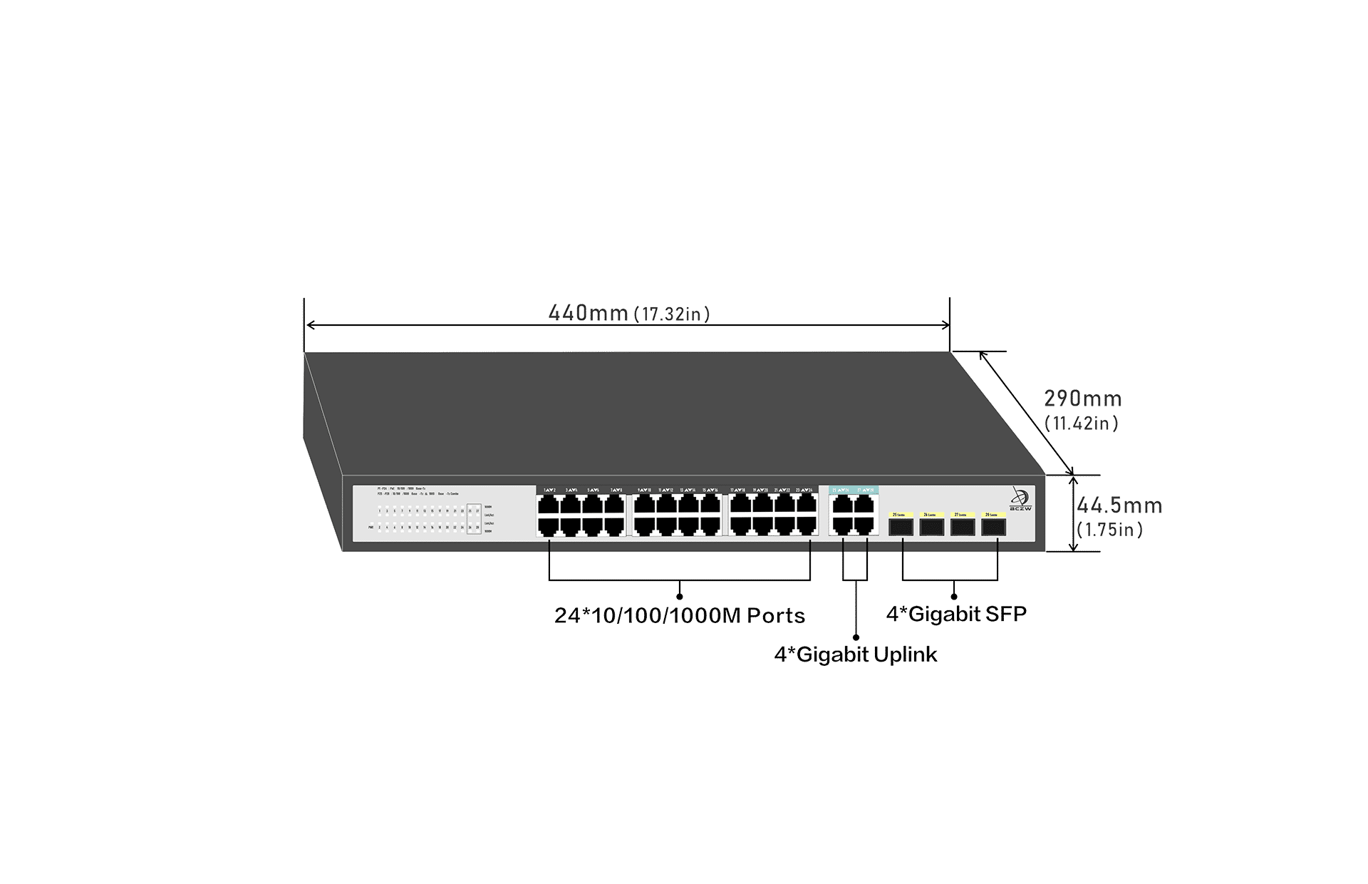 24 Ports 10/100/1000Mbps Switch with 4 Gigabit Combo Uplink size