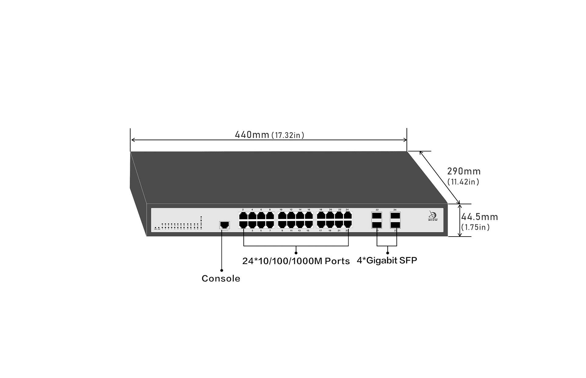 24-Port Layer 2+ 10GE Static Routing Switch with 4 Gigabit 24-Port Layer 2+ 10GE Static Routing Switch with 4 Gigabit Combo  sizeCombo 