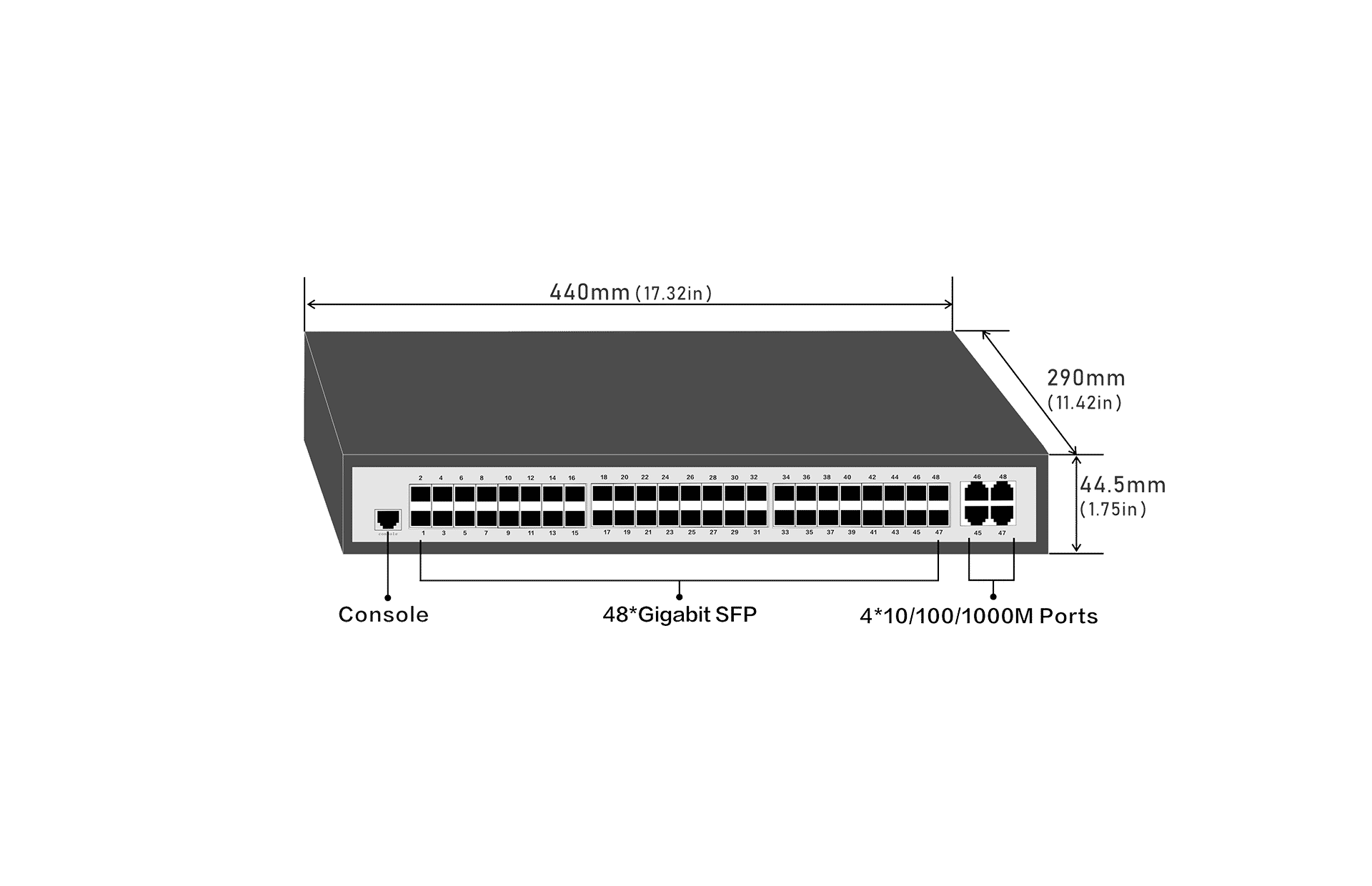 48-Port Layer 2+ 10GE Static Routing Switch with 4 Gigabit Combo  size