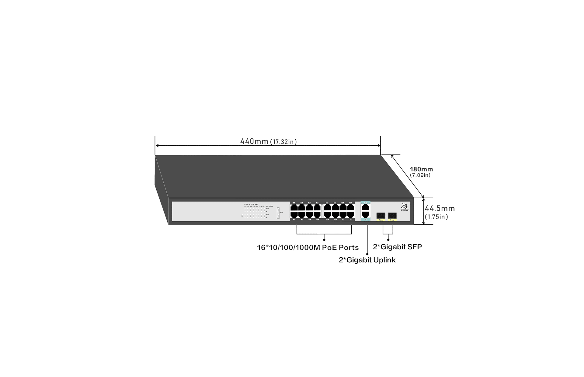 16 Ports 10/100/1000Mbps PoE Switch with 2 Gigabit  Combo Uplink SIZE