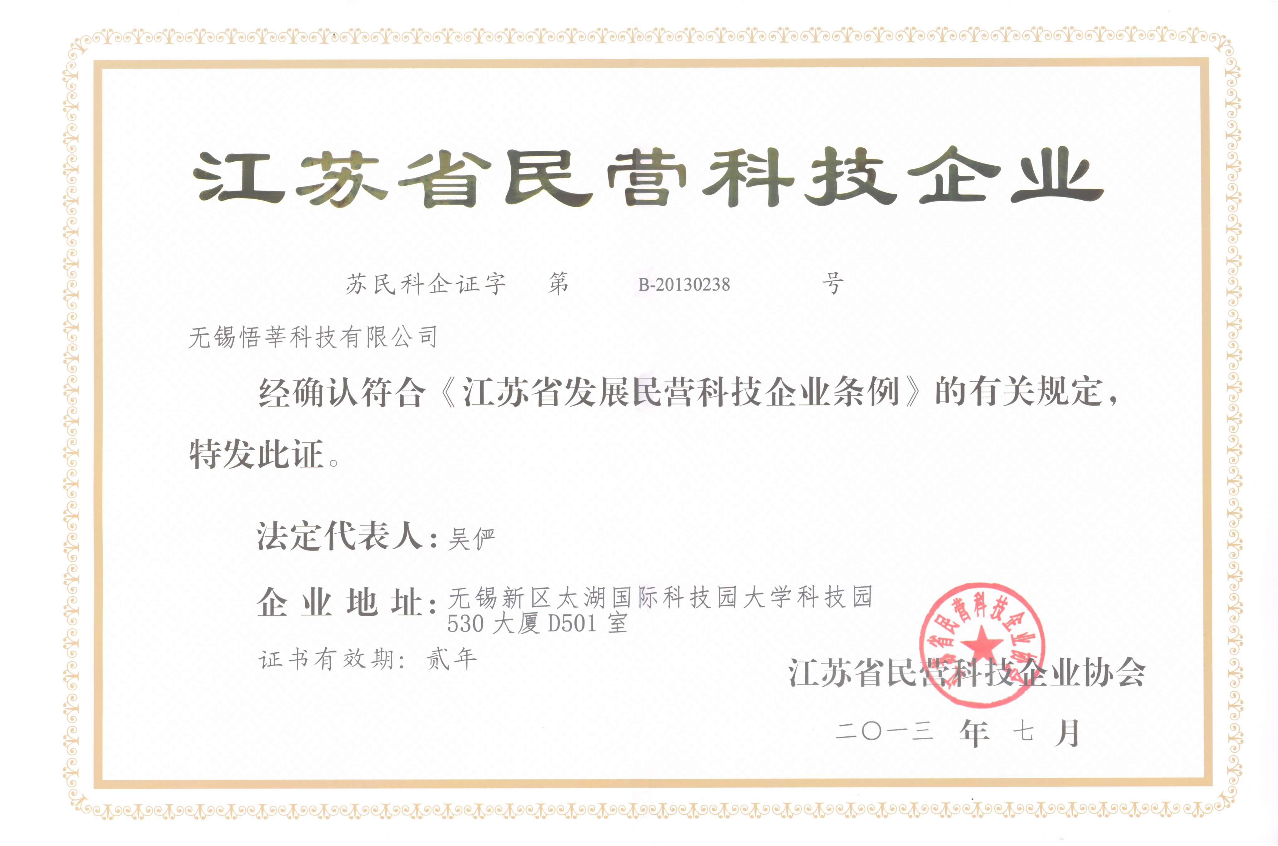 江苏省民营科技企业证书(2013)