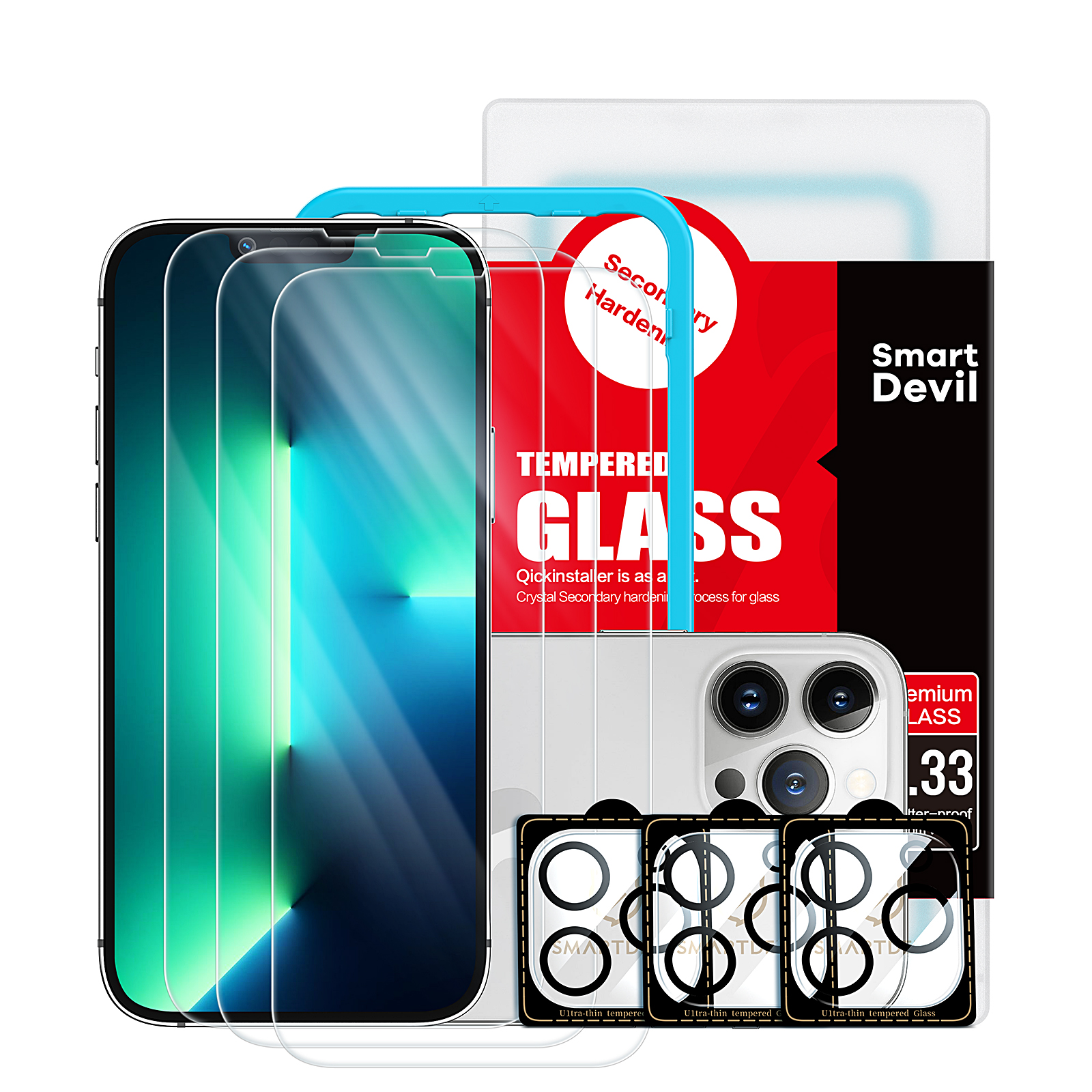 SmartDevil 3 Pack Glass Screen Protector Compatible for iPhone 13 Pro 6.1 Inch with 3 Pack Camera Lens Protector Easy Installation Kit HD Anti Scratch Tempered Glass Film for iPhone 13 Pro 