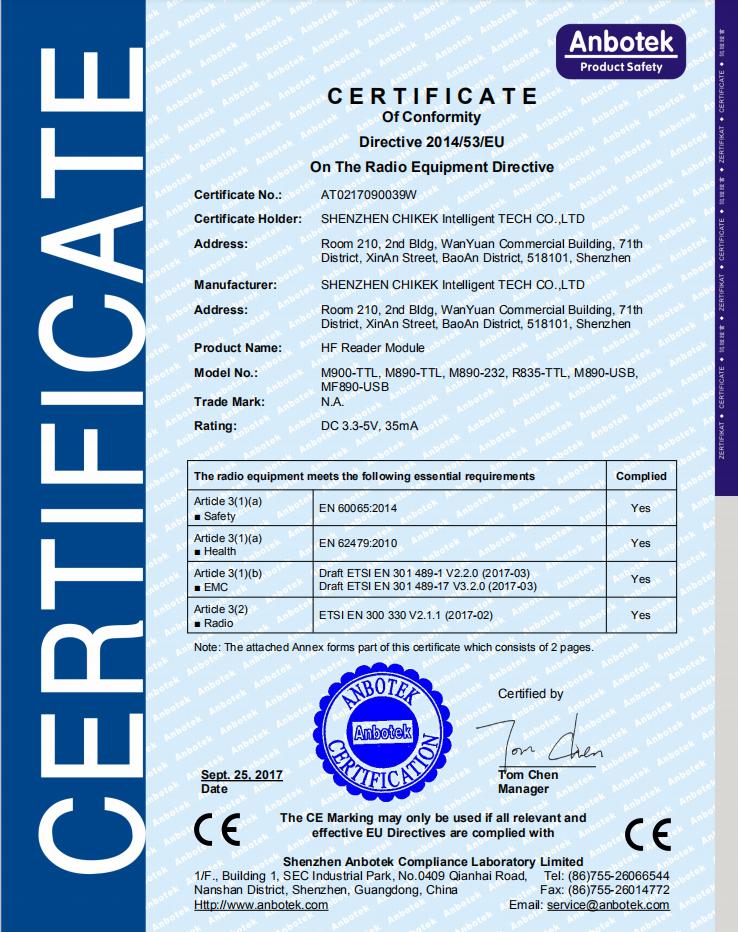 All products are tested to pass the CE RED certificate. -Shenzhen Chikek Intelligent Tech Co., Ltd 