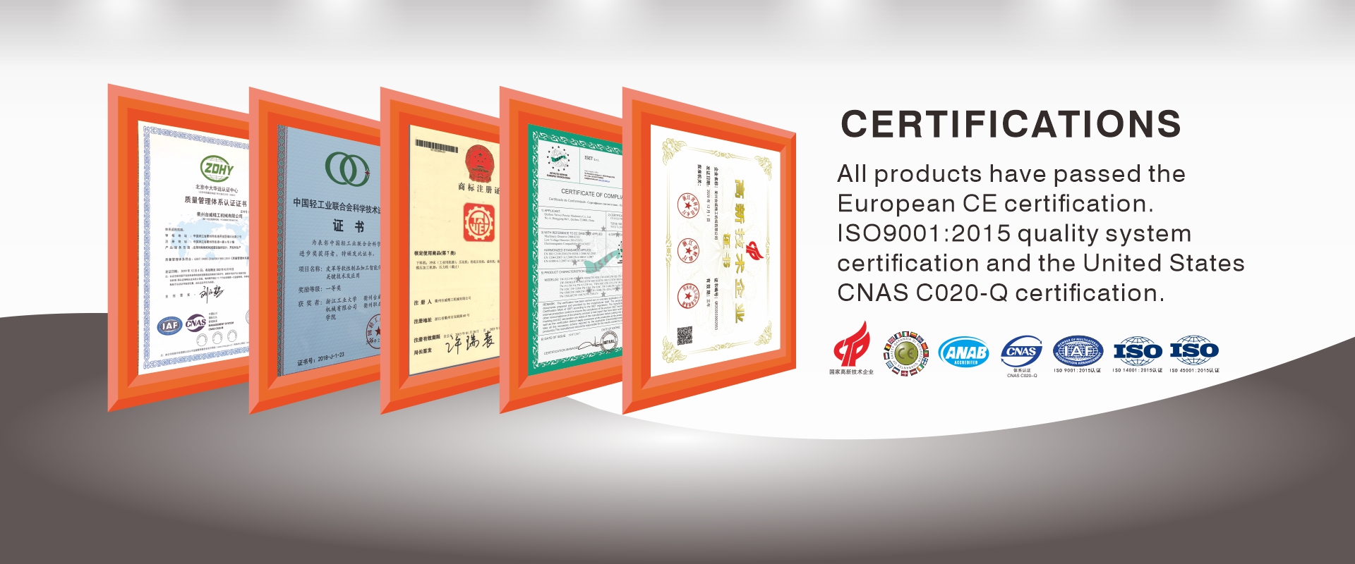 The series of products involved by the company have passed the European CE certification, ISO9001:2015 and CNAS C020-Q quality system certification in the United States. By the end of 2019, it has completed 1 main drafting of national standards, 4 main drafting of industrial standards, 2 standards of “Made In Zhejiang” brand, participated in the 2 national standards & 17 industrial standards, 2 computer software copyrights. It has obtained 7 invention patents, 30 utility model patents, and 4 appearance patents. 