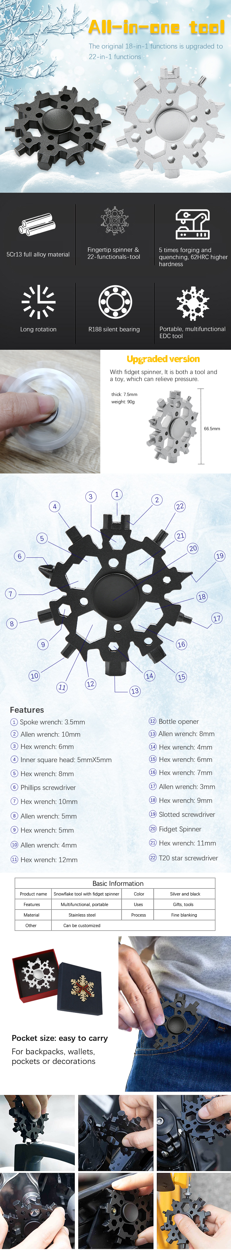 Fidget Spinner Snowflake Multitool Wrench 22 in 1 Snow Flake Multi