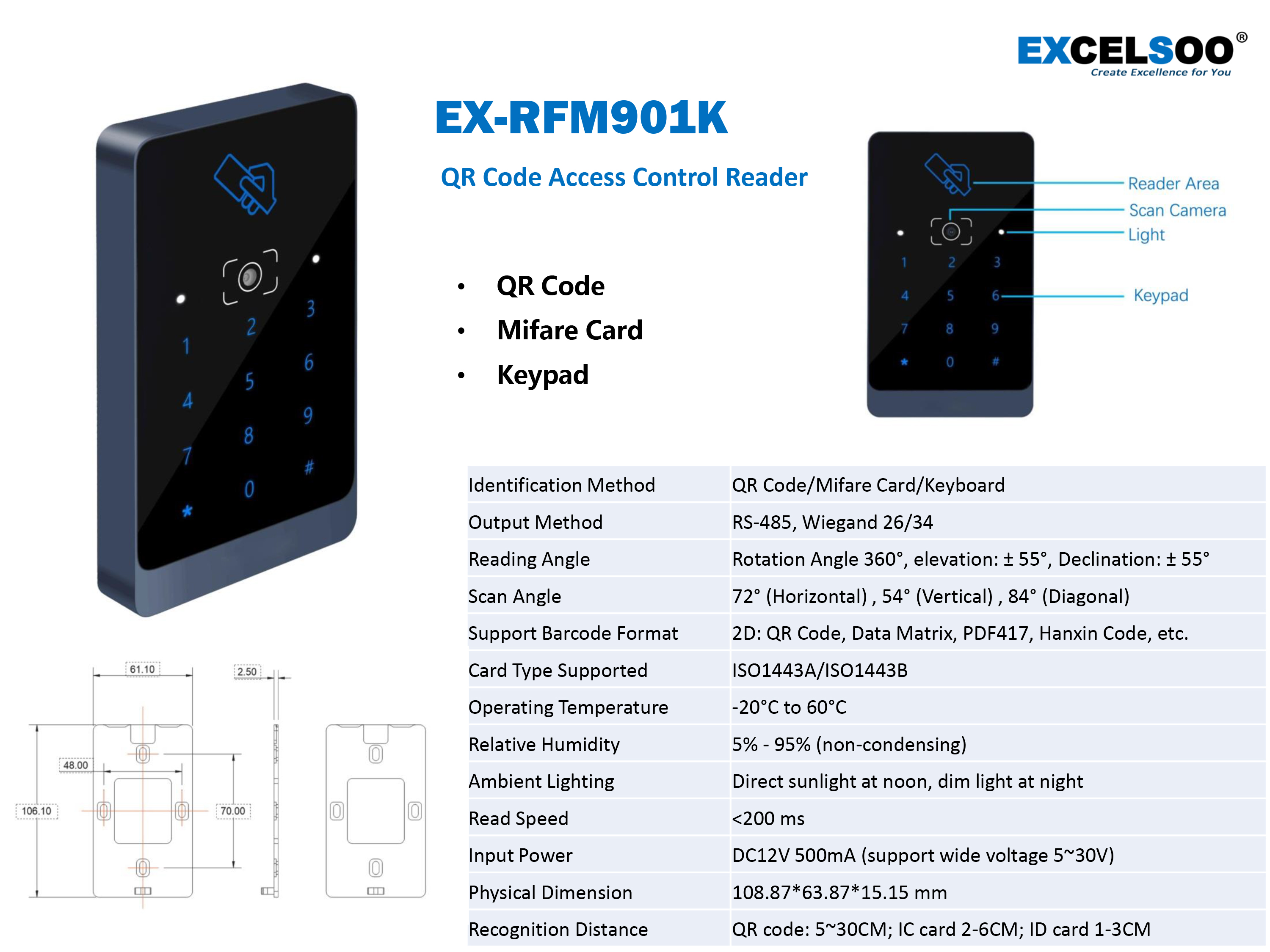 EX-AS02II Access Controller QR Code Access Control Reader from Excelsoo