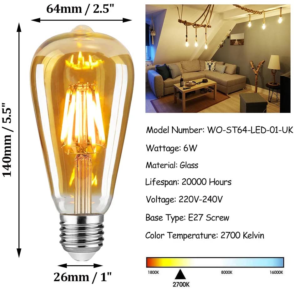 ST64 Woowtt Edison Light Bulb 6 Pack 220V Dimmable Squirrel Cage Filament Bulb 40W B22 Bayonet Vintage Bulb 