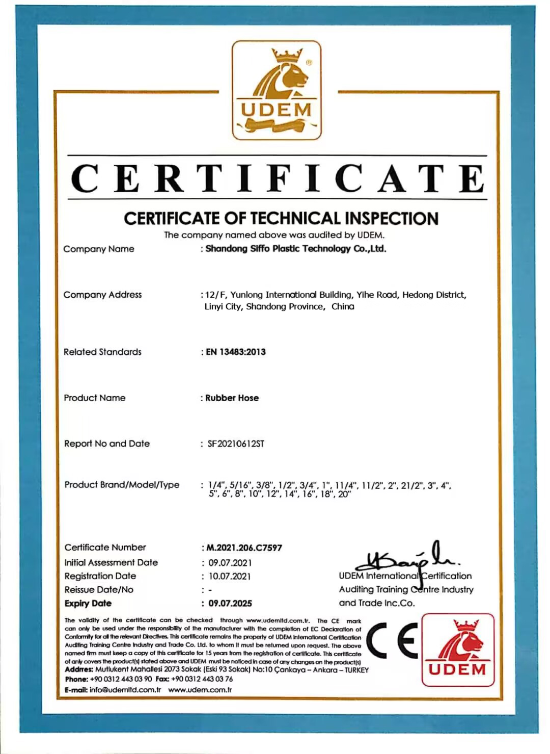 Siffo Rubber Dredge hose CE Certificates