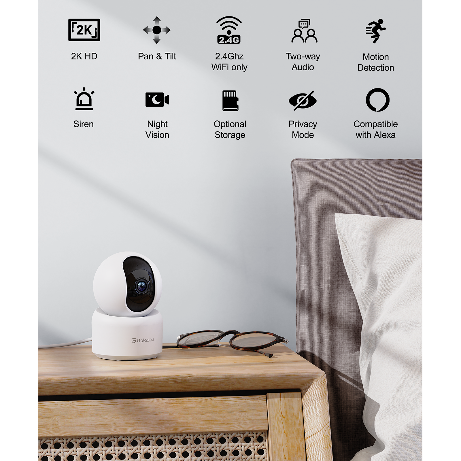 GALAYOU Indoor Home Security Cameras - 2K WiFi Surveillance Camera with  Two-Way Audio for Baby/Pet/Dog/Nanny, Smart Siren with Phone App, SD/Cloud