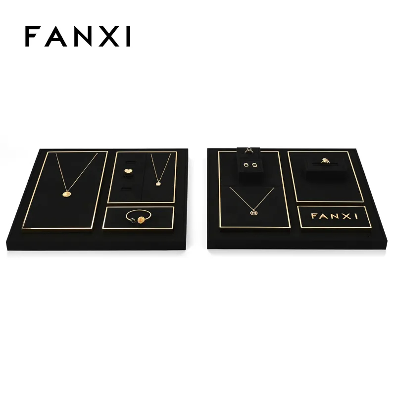 TT264-FANXIfashionluxuryblackmicrofiberjewelrydisplaysetwithsmoothmetal-1