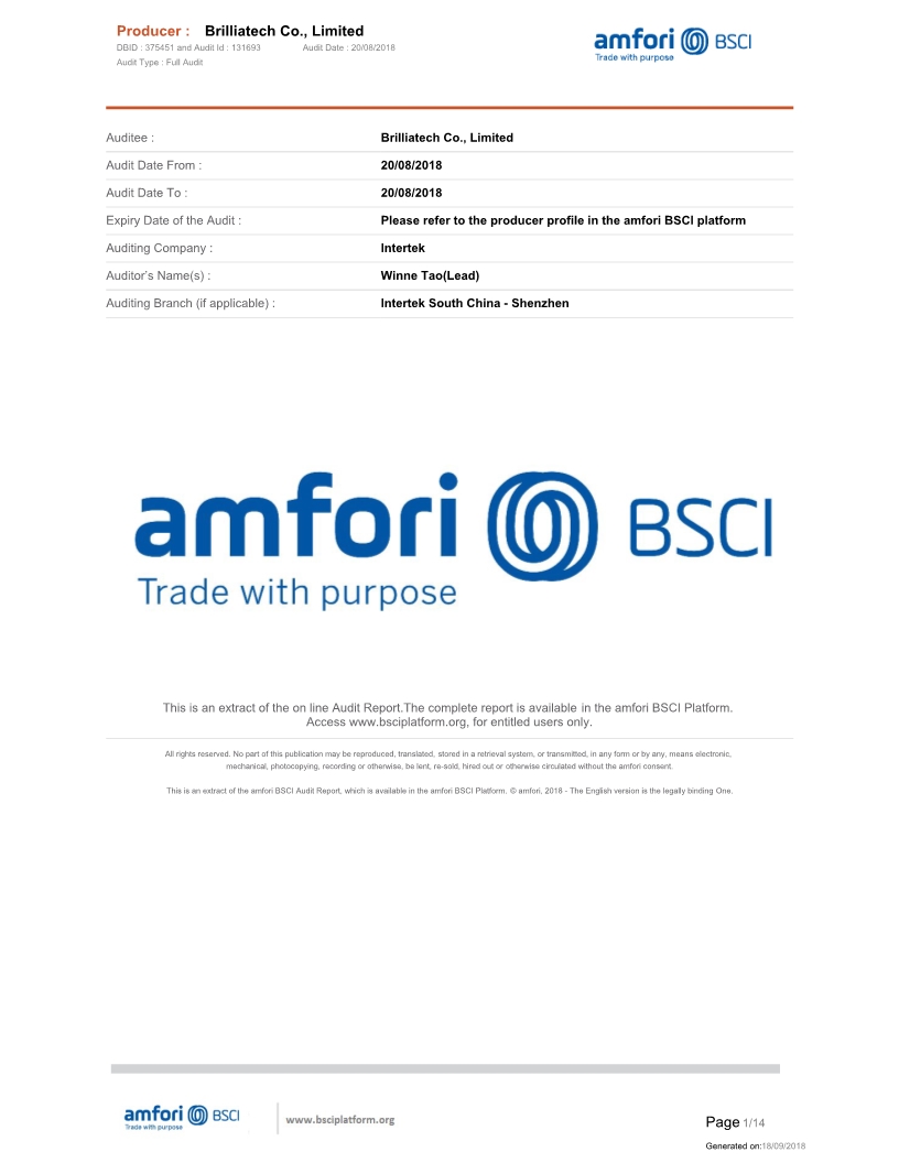 BSCI Certificate for Brilliatech Factory