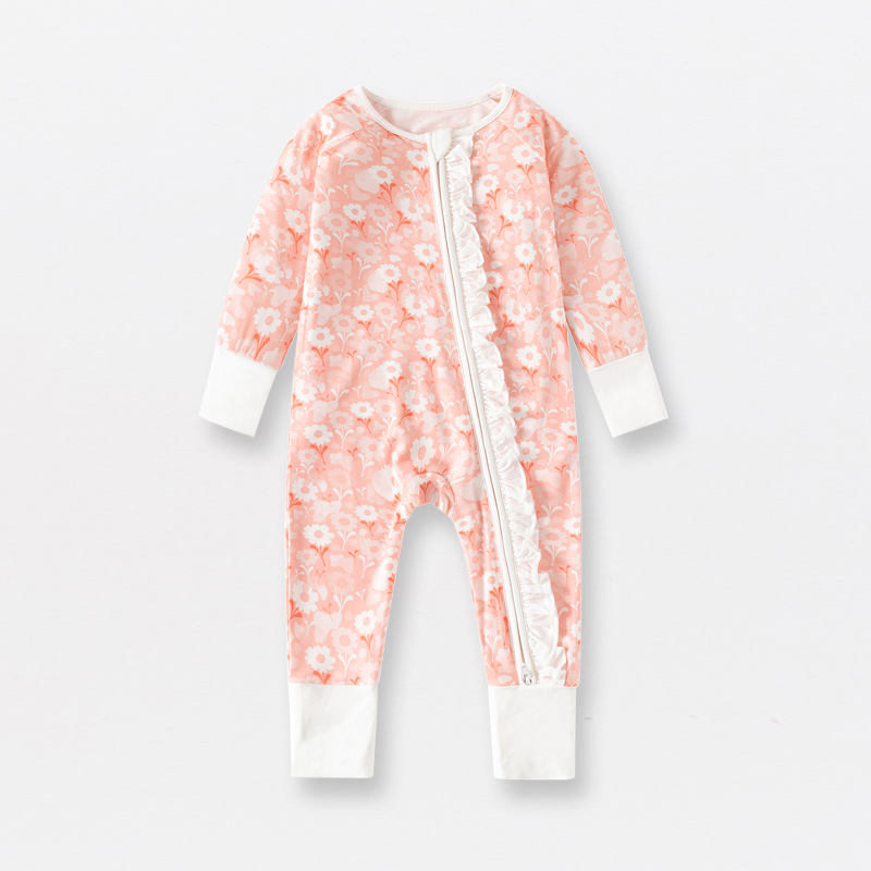 Newborn 95%Bamboo 5%spandex Zip-Up Sleep Suit Long Sleeve Romper With Ruffle Trim Soft Breathable Pajamas For Spring & Summer - View 4