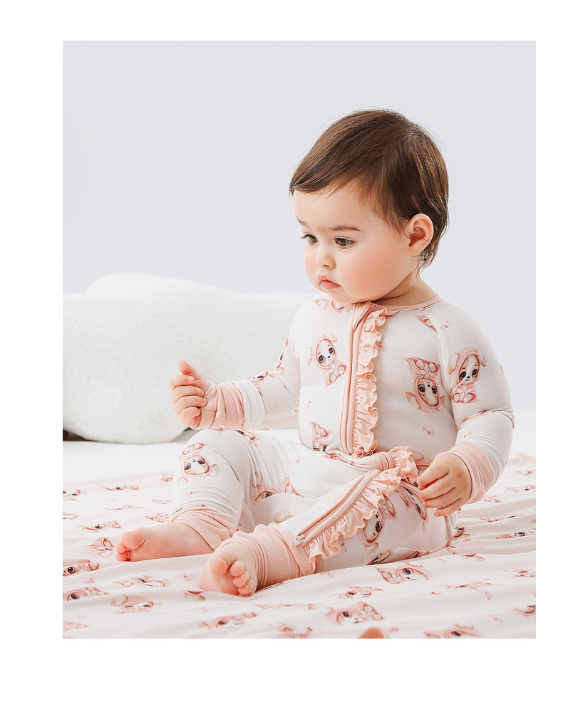 Newborn 95%Bamboo 5%spandex Zip-Up Sleep Suit Long Sleeve Romper With Ruffle Trim Soft Breathable Pajamas For Spring & Summer - View 2