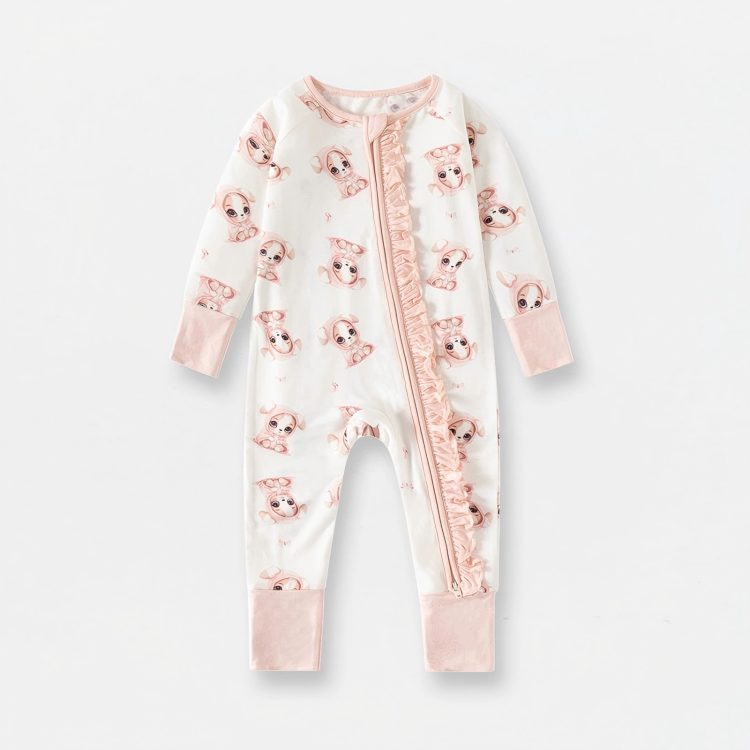 Newborn 95%Bamboo 5%spandex Zip-Up Sleep Suit Long Sleeve Romper With Ruffle Trim Soft Breathable Pajamas For Spring & Summer - View 3