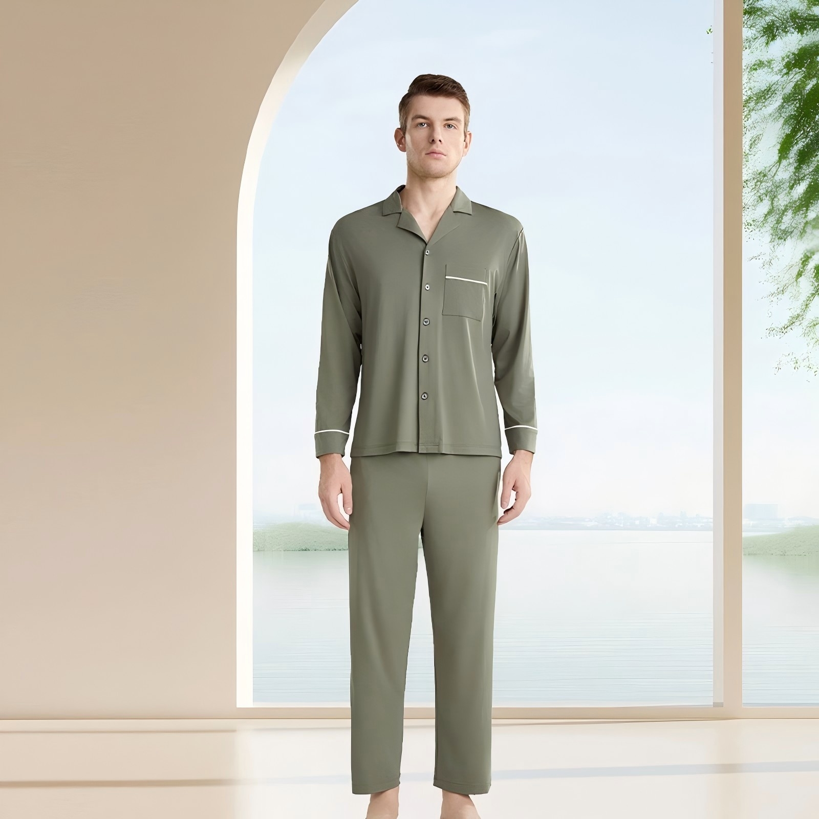 Premium Lyocell Cotton Spandex Pajama Set Lightweight Silky Breathable Loungewear For Spring Autumn Solid Colors Unisex Elegance - View 8