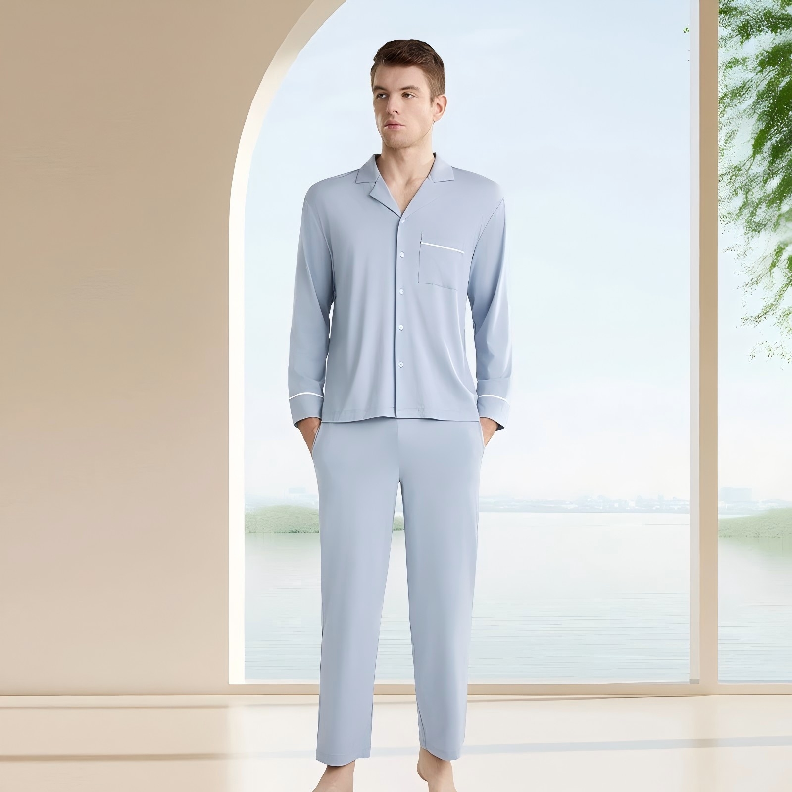 Premium Lyocell Cotton Spandex Pajama Set Lightweight Silky Breathable Loungewear For Spring Autumn Solid Colors Unisex Elegance - View 7