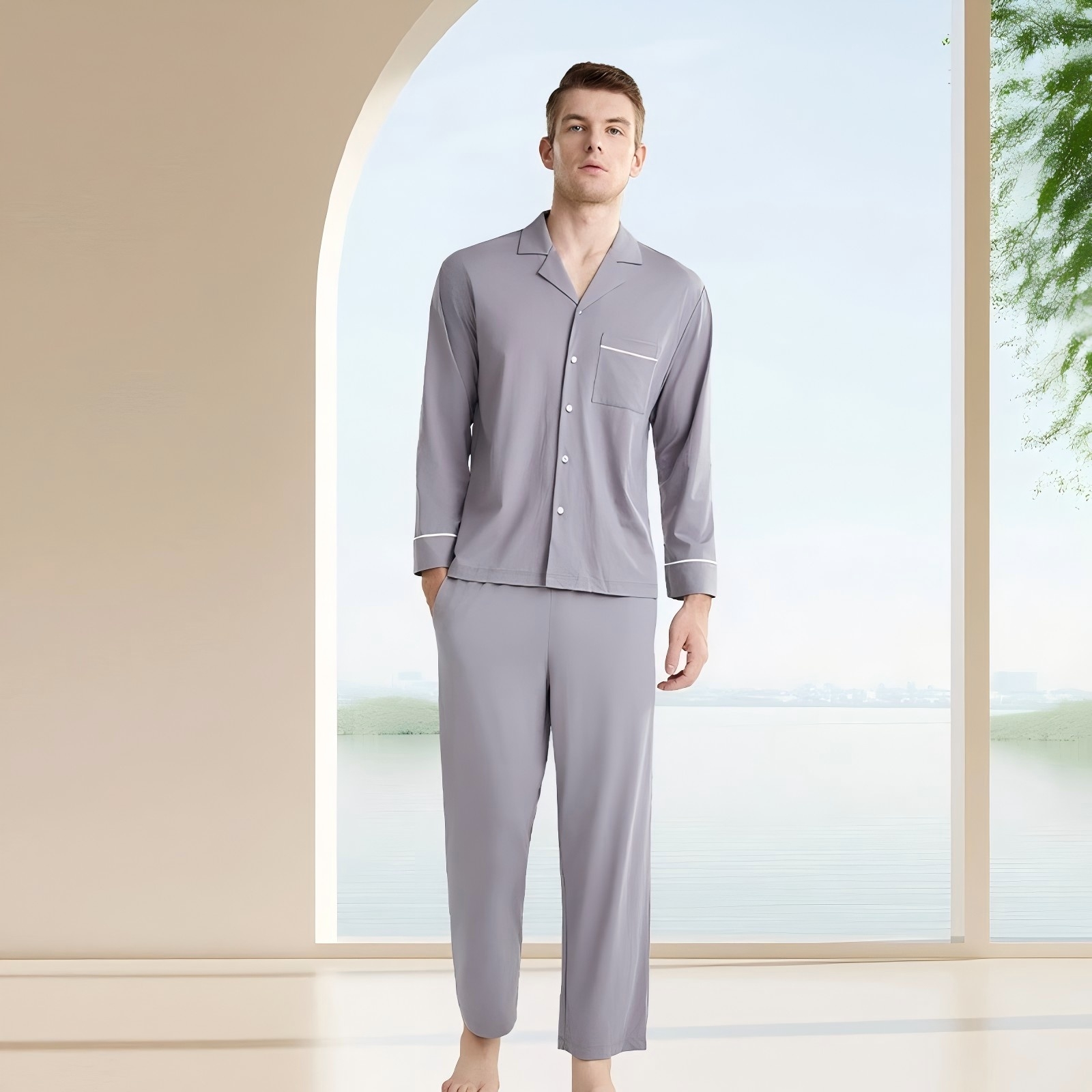 Premium Lyocell Cotton Spandex Pajama Set Lightweight Silky Breathable Loungewear For Spring Autumn Solid Colors Unisex Elegance - View 6
