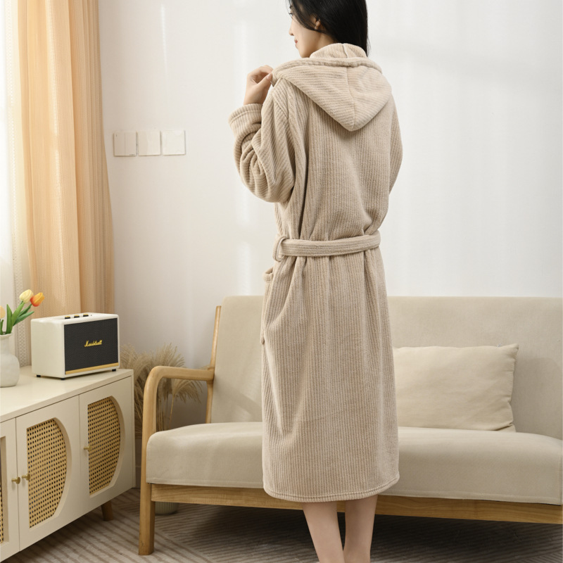 Striped Hooded Coral Fleece Robe – Ultra-Soft, Absorbent & Plush Unisex Loungewear For All Seasons | Thick Terry-Like Fabric, Couples Matching Bathrobe Set - View 2