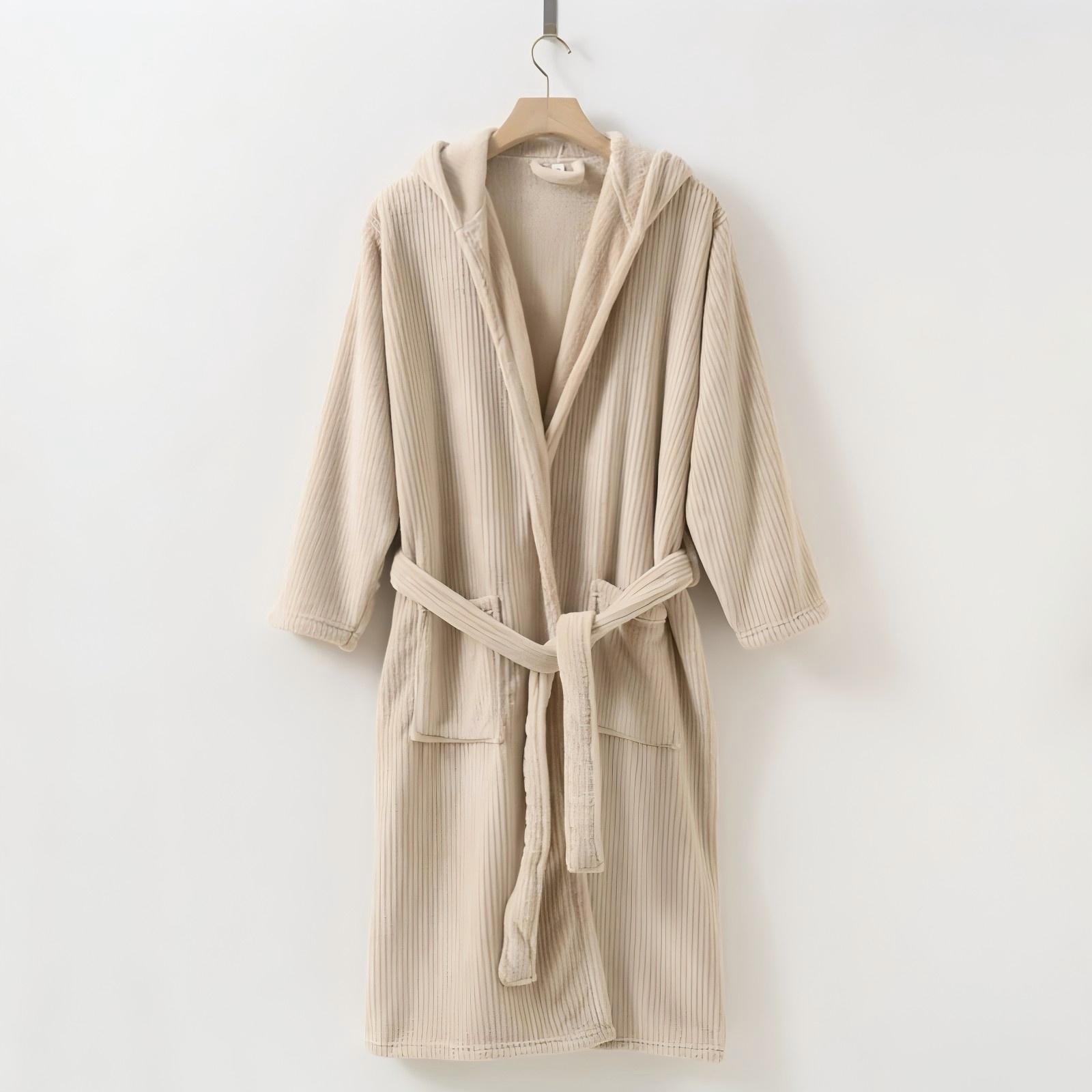 Striped Hooded Coral Fleece Robe – Ultra-Soft, Absorbent & Plush Unisex Loungewear For All Seasons | Thick Terry-Like Fabric, Couples Matching Bathrobe Set - View 4