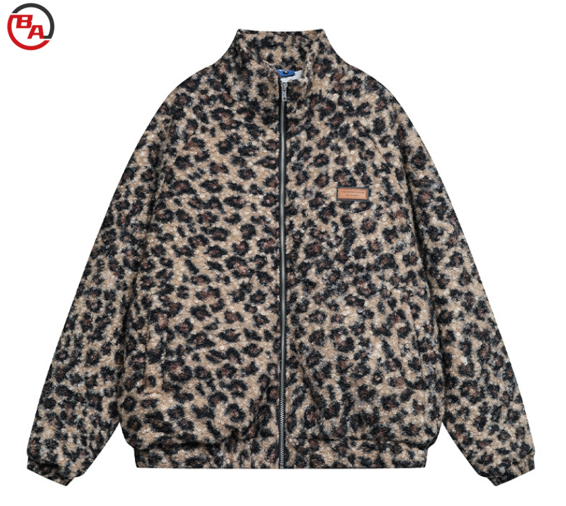 ApparelCustomFactoryWomen'sWinterFuzzySherpaCoatsLongSleeveLeopardPrintFleeceJacket2