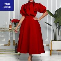 Women'ssummernewbowsocialitesolidcolorbanquetdressskirthigh-qualityshort-sleeveddress-1