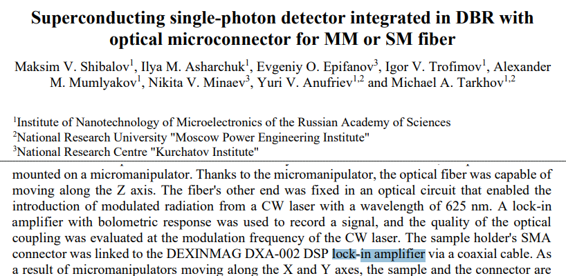 The Application of Lock-in Amplifier in Superconducting single-photon detector integrated in DBR with optical microconnector for MM or SM fiber