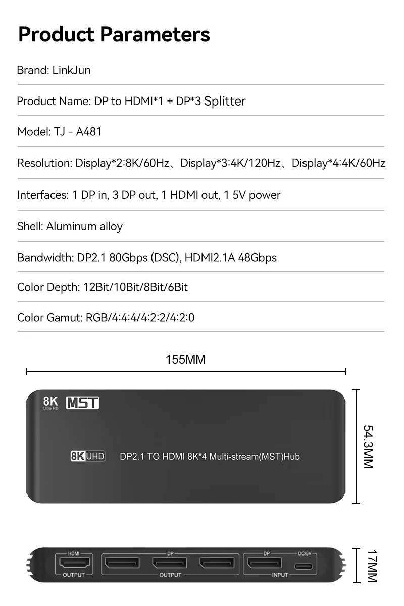 TJ-A481 DP to HDMI*1+DP*3 Splitter-企业官网